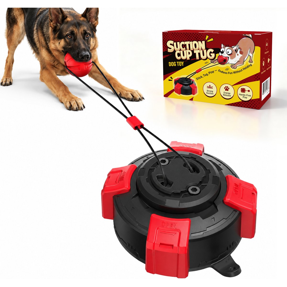 Potaroma Indoor Pull & Dental Chewer Suction Cup Interactive Ropes Tug Dog Toy, Black & Red