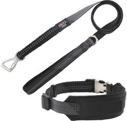 Pet Life Geo-prene 2-in-1 Shock Absorbing Neoprene Padded Reflective Dog Leash & Collar, Black, Small