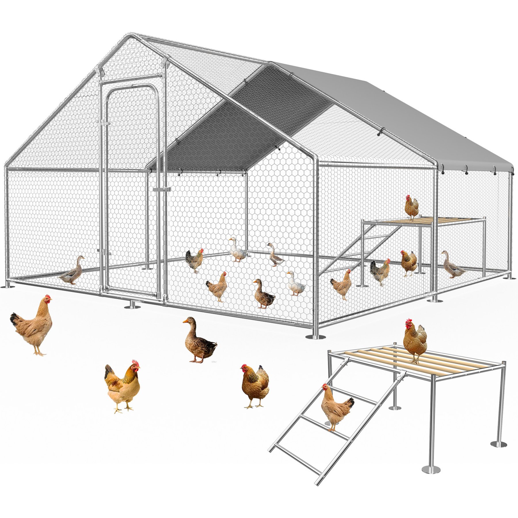 Fuzzy Bird Pointed-Top with Adjustable Support Platform, Waterproof & UV-Resistant Cover Metal Spire & Stand Chicken Coop, Silver, 13.1 x 9.8 x 6.4-ft