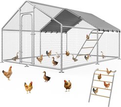 Fuzzy Bird Pointed-Top with Adjustable Support Brackets, Equipped with Waterproof & UV-Resistant Cover Metal Spire Chicken Coop, Silver, 9.9 x 9.9 x 6.4-ft