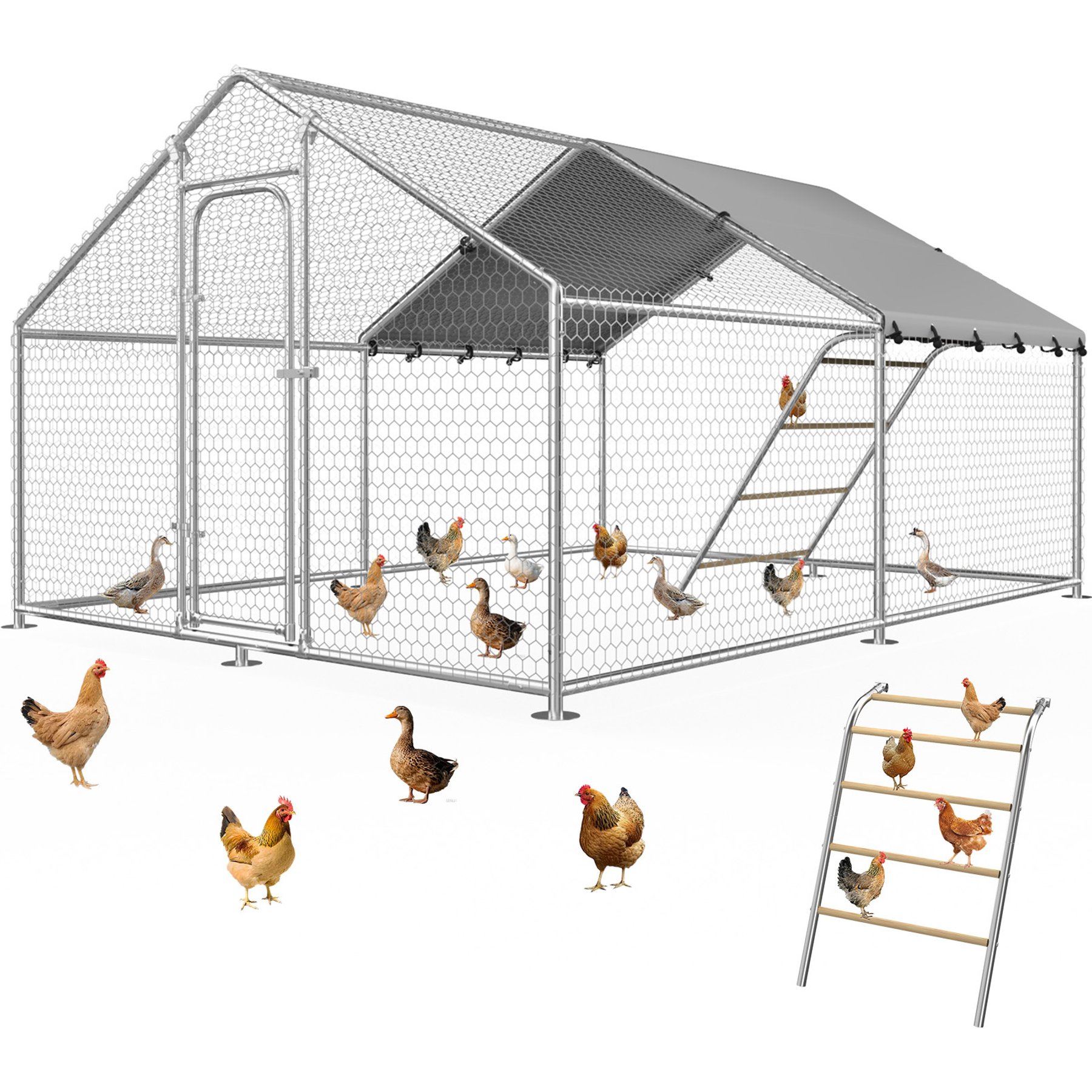 Fuzzy Bird Pointed-Top with Adjustable Support Brackets, Equipped with Waterproof & UV-Resistant Cover Metal Spire Chicken Coop, Silver, 9.9 x 9.9 x 6.4-ft