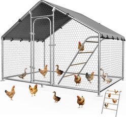 Fuzzy Bird Pointed-Top with Adjustable Support Brackets, Equipped with Waterproof & UV-Resistant Cover Metal Spire Chicken Coop, Silver, 9.9 x 4.9 x 6.4-ft