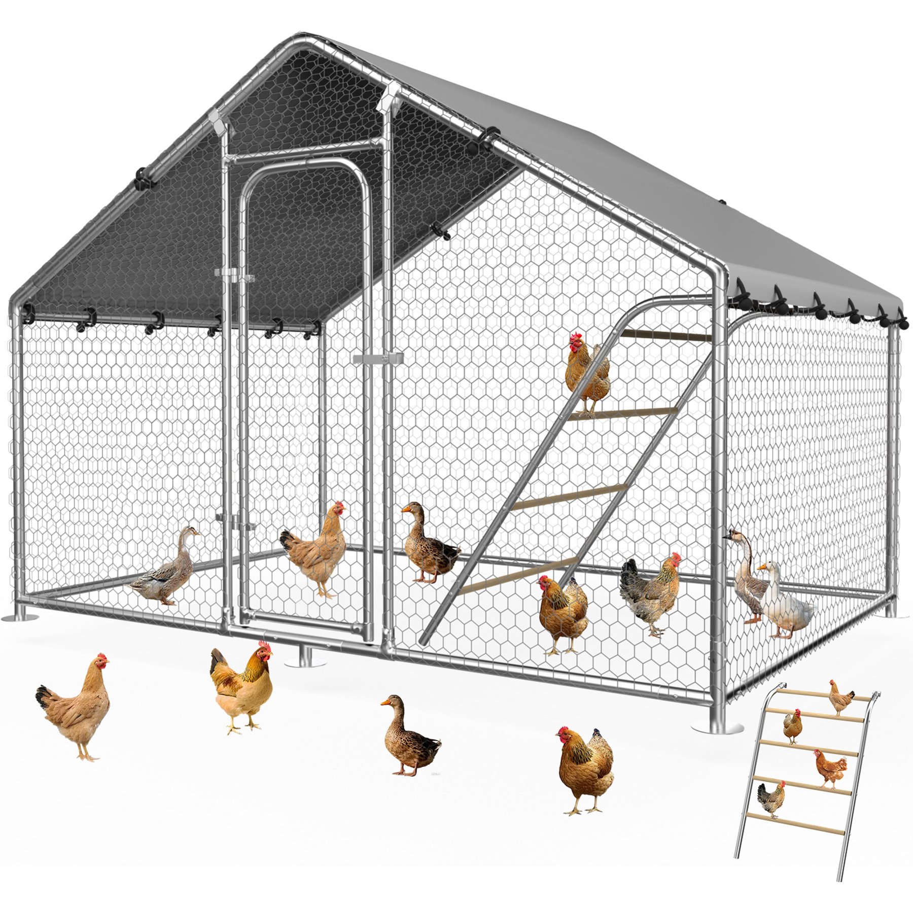 Fuzzy Bird Pointed-Top with Adjustable Support Brackets, Equipped with Waterproof & UV-Resistant Cover Metal Spire Chicken Coop, Silver, 9.9 x 4.9 x 6.4-ft