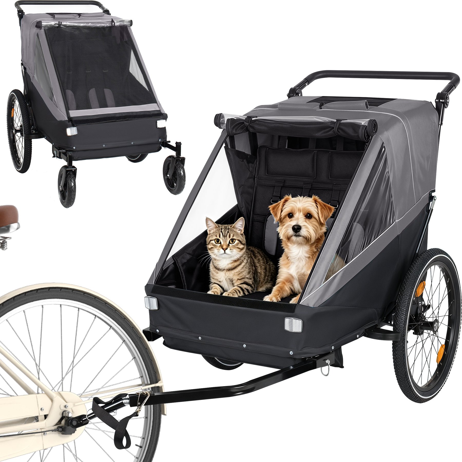 Yafylly 2-in-1 Foldable Compact Storage with Universal Bike Hitch Stroller Dog & Cat Bicycle Trailer, Medium, Gray