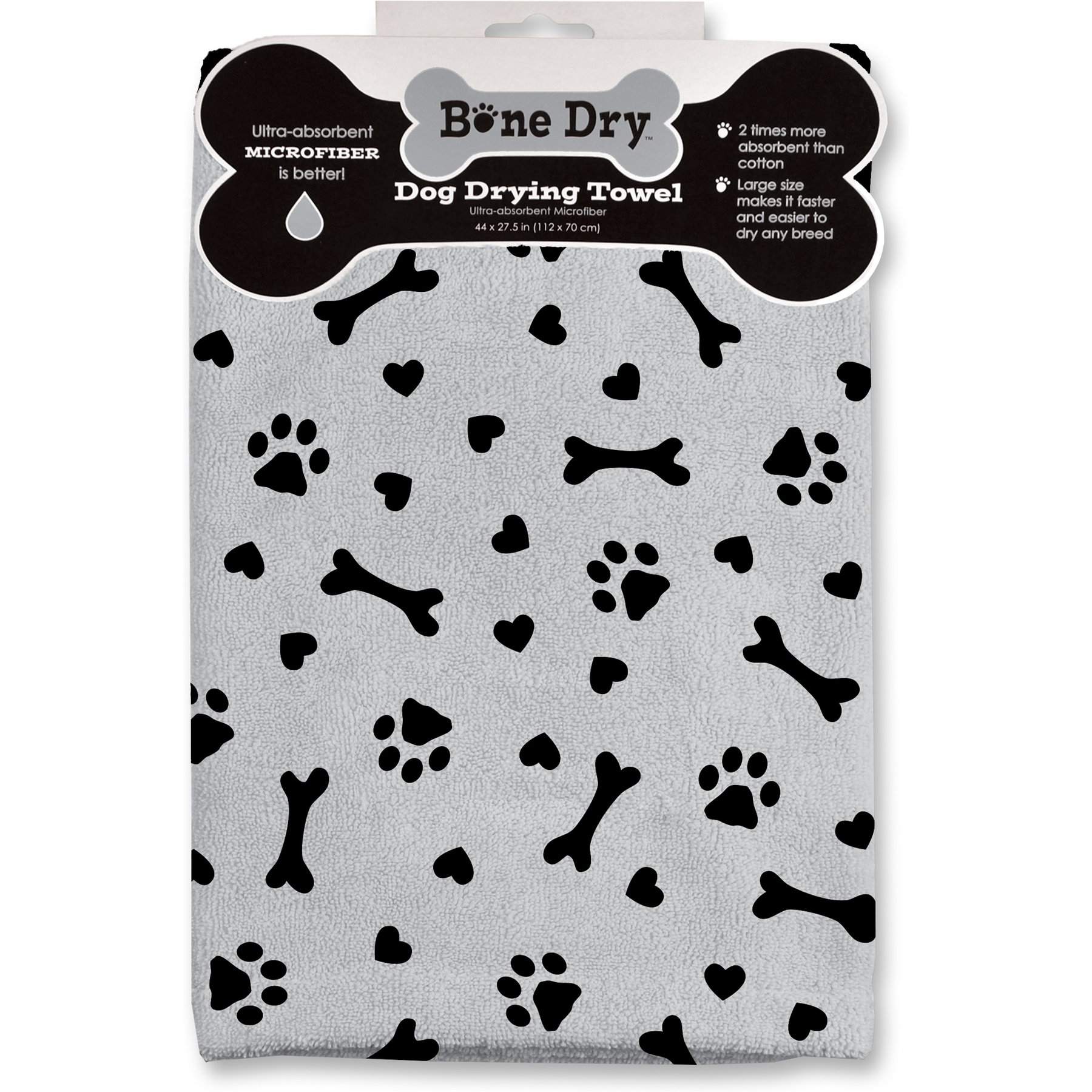 Bone Dry Printed Hearts Microfiber Drying Dog Towel, Gray