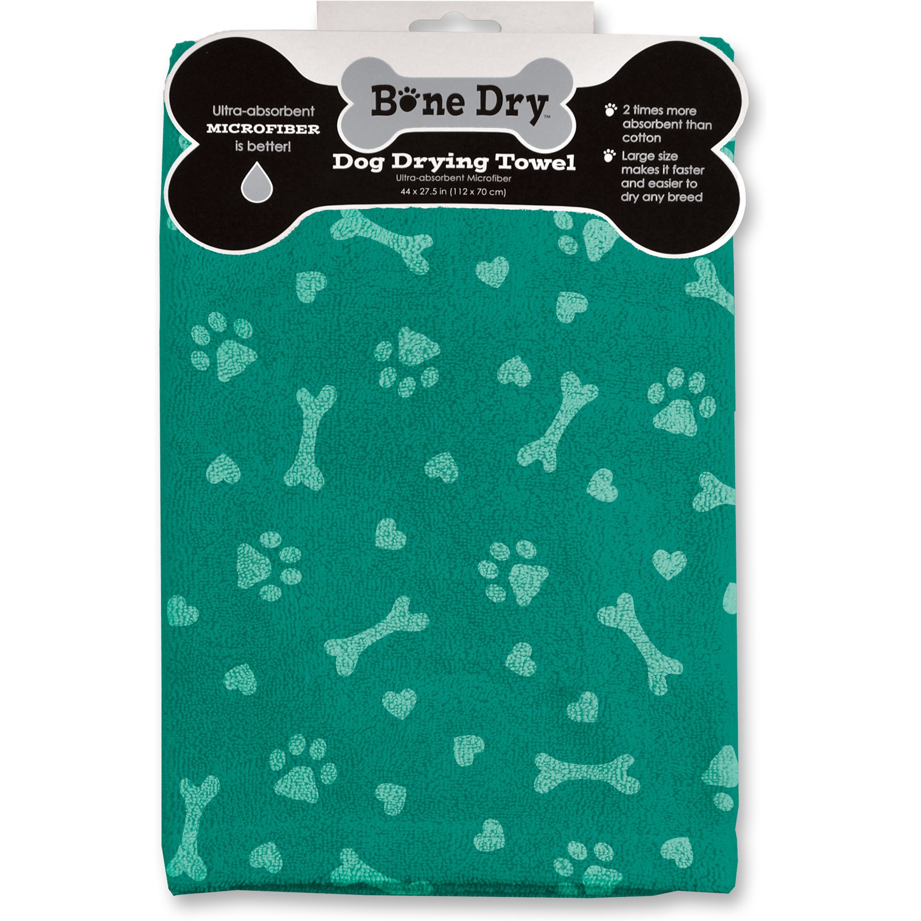 Bone Dry Printed Hearts Microfiber Drying Dog Towel, Teal