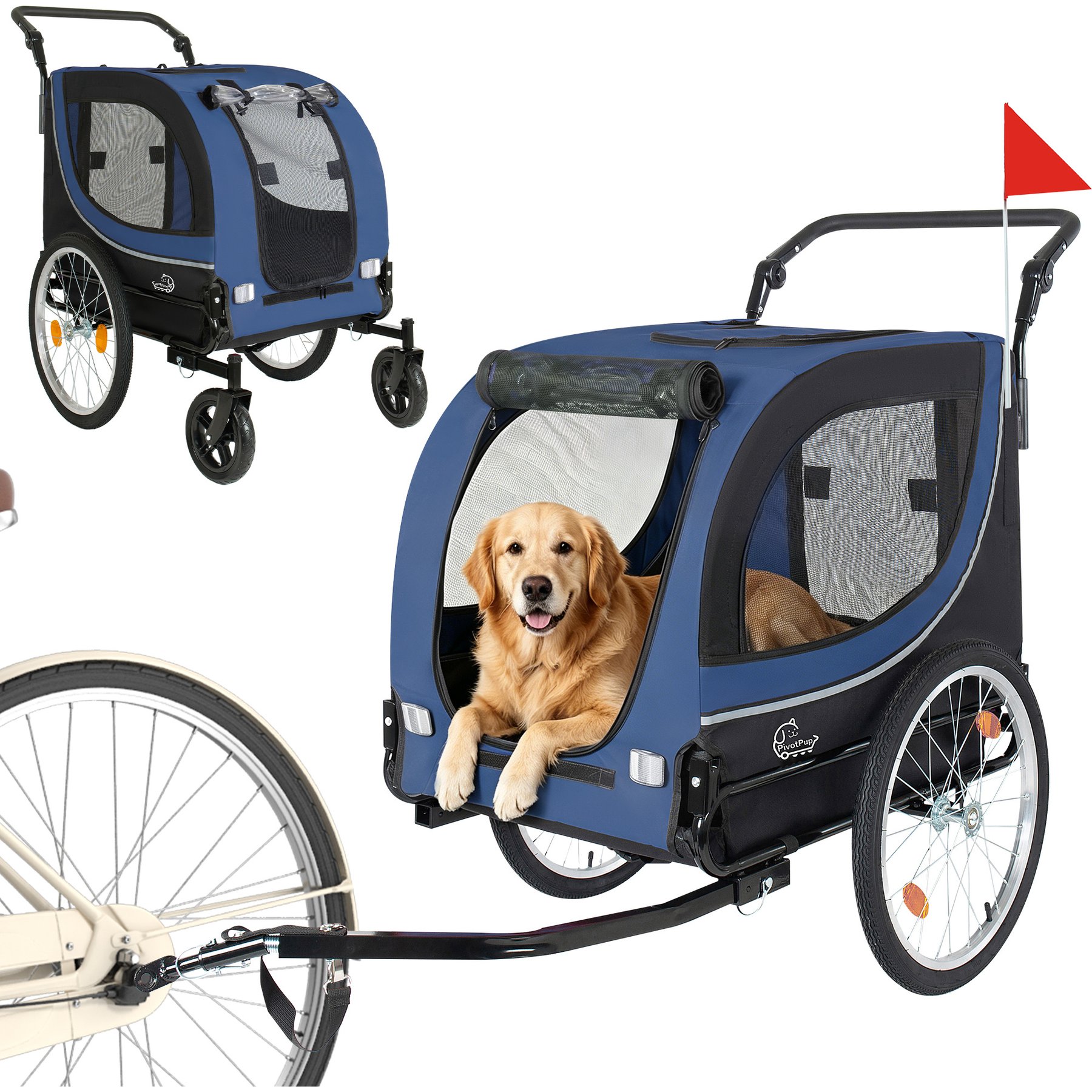 Yafylly 2-in-1 Foldable Carrier Cart with Two 8-in Front Caster & 20-in Quick Release Air-Filled Wheels Stroller Dog Bicycle Trailer, Medium, Dark Blue