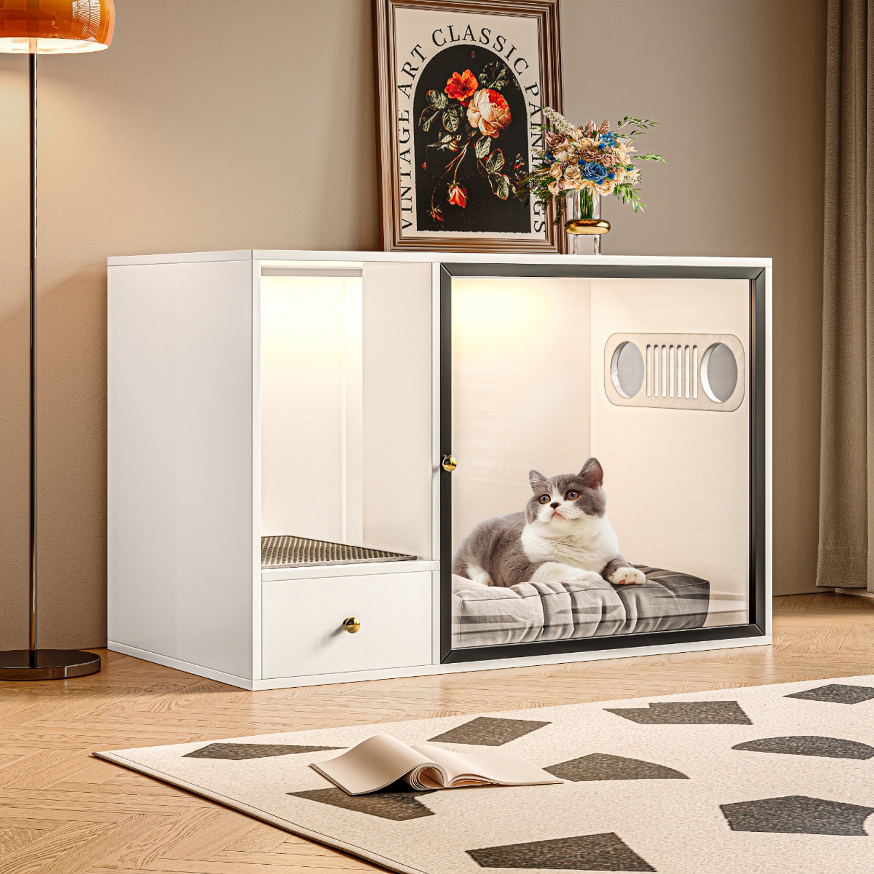 ATJafurn Furniture Style Hidden Glass Door Cat Litter Box Enclosure with Light, White