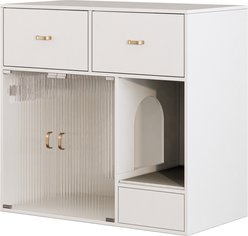 ATJafurn Modern Glass Door Cabinet with Storage Drawers & Collection Mat Cat Litter Box Enclosure, White