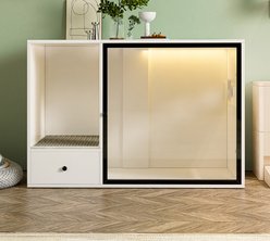ATJafurn Glass Door Cabinet with Light Furniture Style Cat Litter Box Enclosure, White, Large