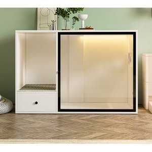 ATJafurn Glass Door Cabinet with Light Furniture Style Cat Litter Box Enclosure, White, Large