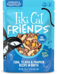 Tiki Cat Friends Tuna, Tilapia & Pumpkin Recipe Grain-Free Wet Cat Food, 2.8-oz pouch, case of 12 slide 1 of 9