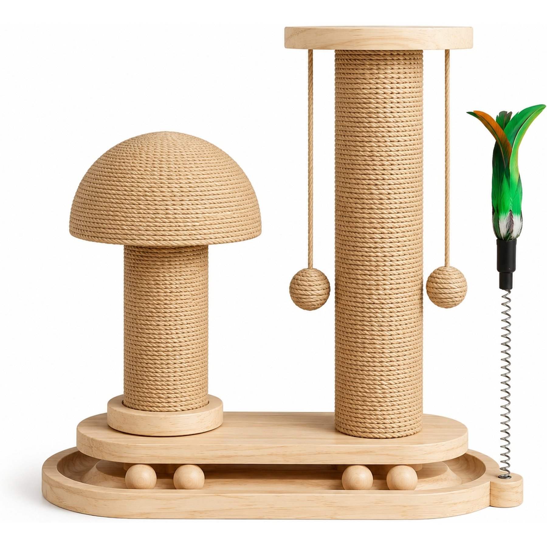 NonoPets Mushroom Sisal 16.3-in Polyester Cat Scratching Post with Teaser Toys, Beige