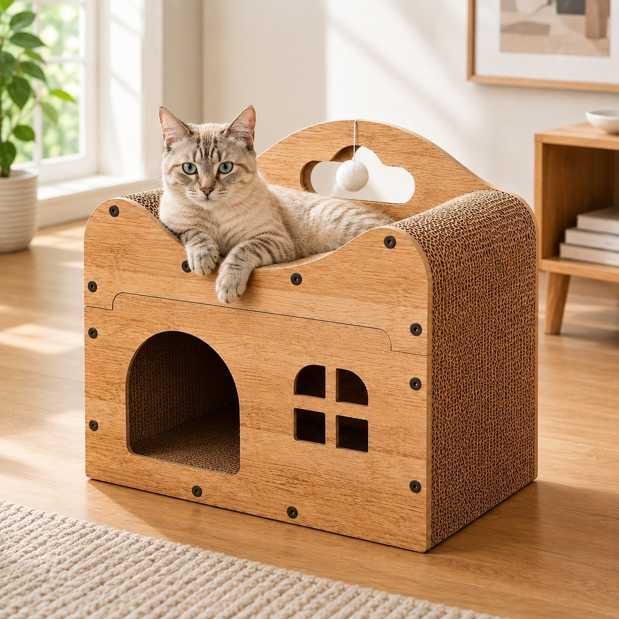 NonoPets 2-in-1 Double Layer 17.5-in Polyester Cat Scratcher Lounge Bed & Condo with Play Balls, Beige
