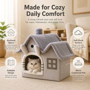 NonoPets Cozy Cushion Double Roof Synthetic Fabric Cat House Tent Bed, Grey, Large