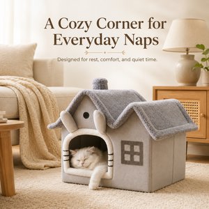NonoPets Cozy Cushion Double Roof Synthetic Fabric Cat House Tent Bed, Grey, Large