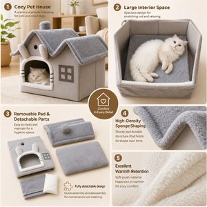 NonoPets Cozy Cushion Double Roof Synthetic Fabric Cat House Tent Bed, Grey, Large