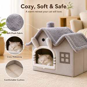 NonoPets Cozy Cushion Double Roof Synthetic Fabric Cat House Tent Bed, Grey, Large