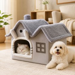 NonoPets Cozy Cushion Double Roof Synthetic Fabric Cat House Tent Bed, Grey, Large