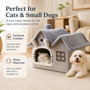 NonoPets Cozy Cushion Double Roof Synthetic Fabric Cat House Tent Bed, Grey, Large