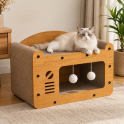 NonoPets Single Door Double Layer Scratcher Cardboard Cat House with Hanging Ball