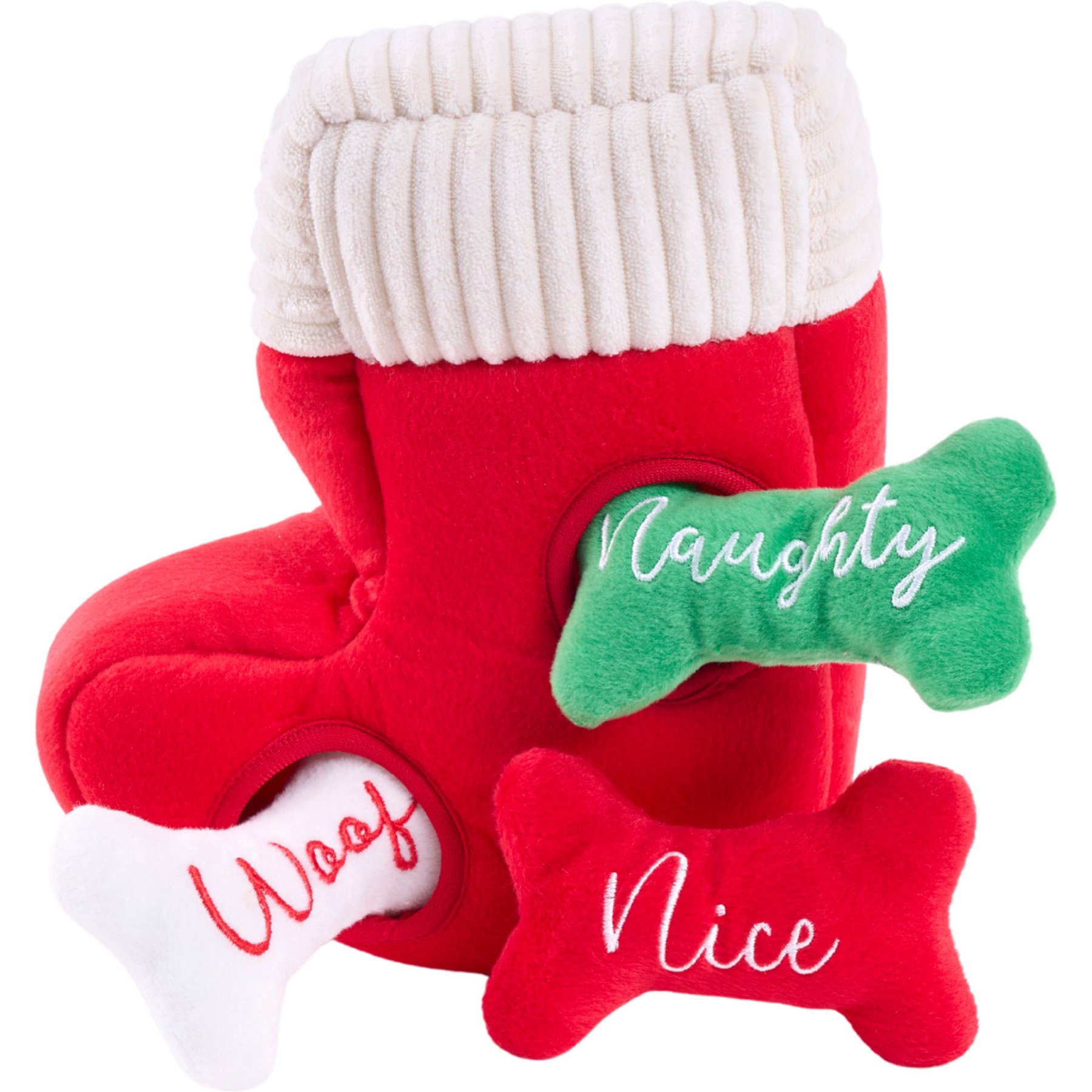 ZippyPaws Holiday Zippy Burrow Naughty or Nice Stocking Squeaky Plush Dog Toy, Multicolor
