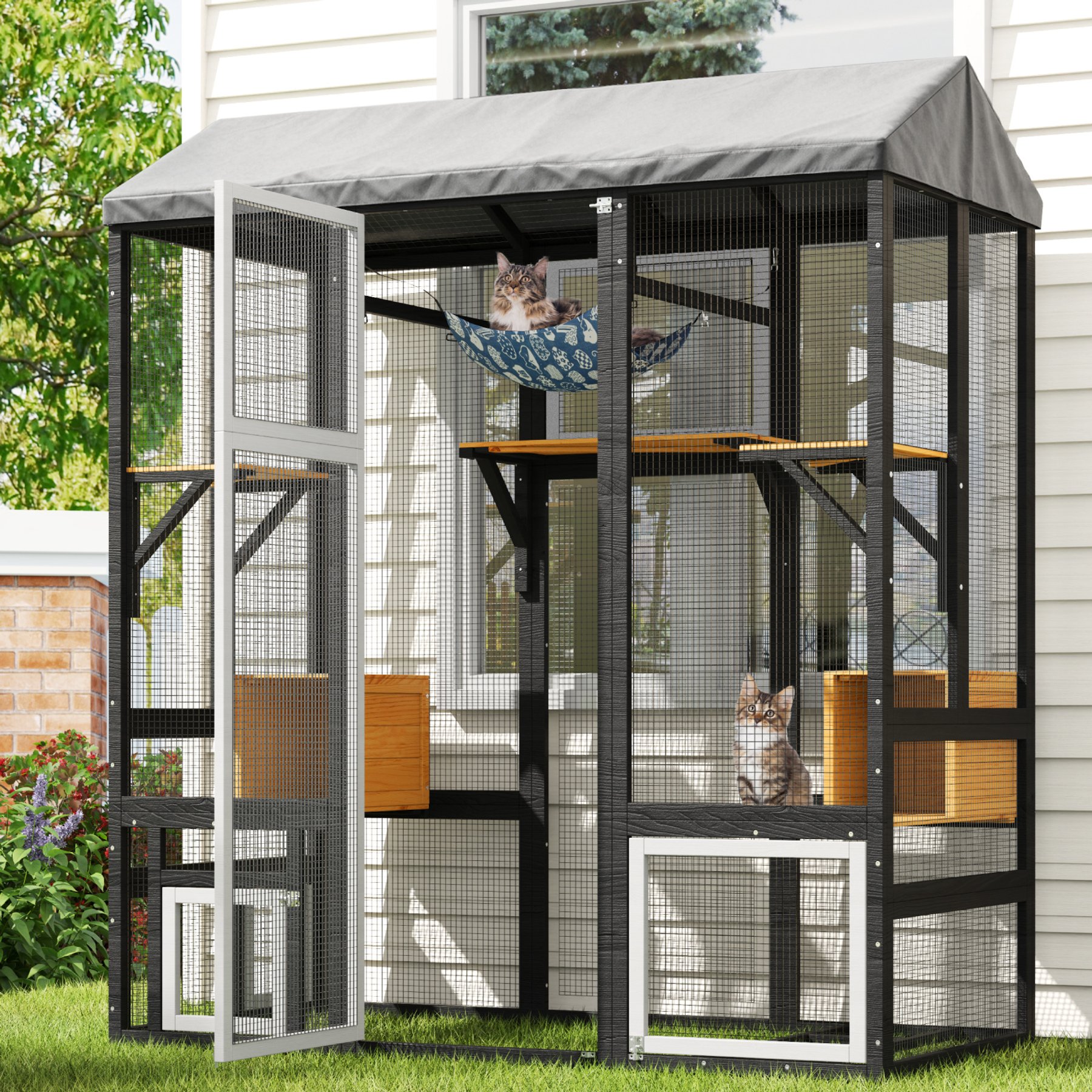 TIMHAKA Indoor & Outdoor Wooden Cat House with Waterproof Cover, Black, 63 x 31.5 x 71-in