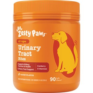 Zesty Paws Urinary Tract Bites Bacon Flavored Soft Chews Cranberry Bladder Kidney Supplement for Dogs, 90 count