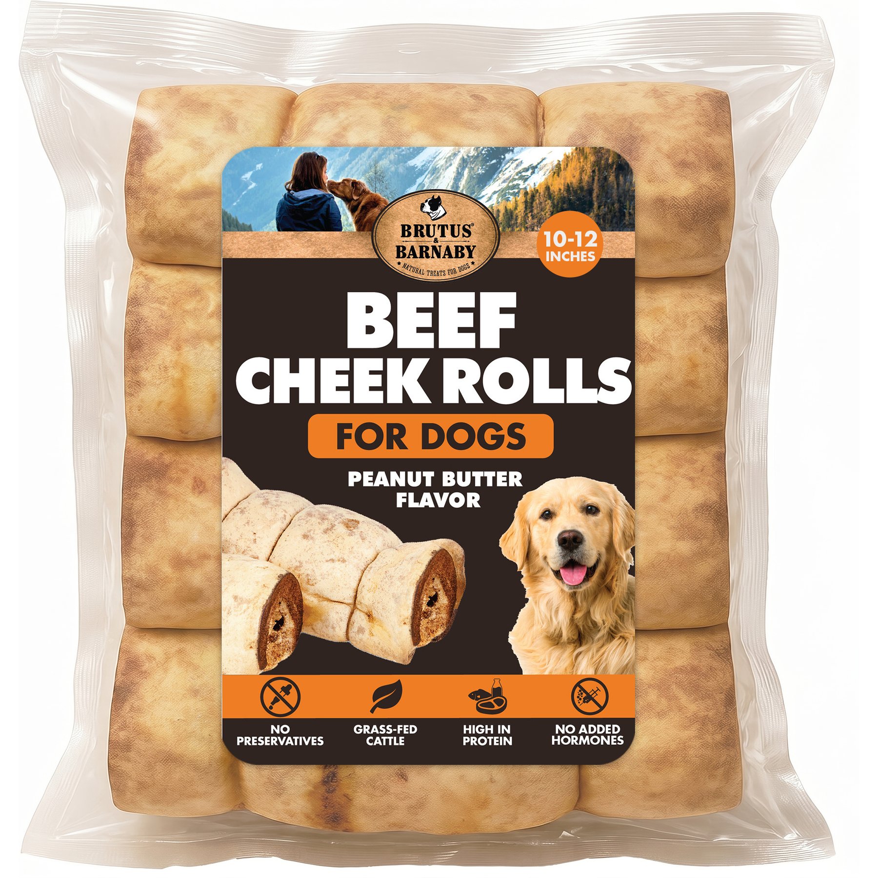 Brutus & Barnaby Rawhide-Free Peanut Butter Flavored Beef Cheek Rolls Long Lasting Dog Chews, 10 to 12-inch, 4 count