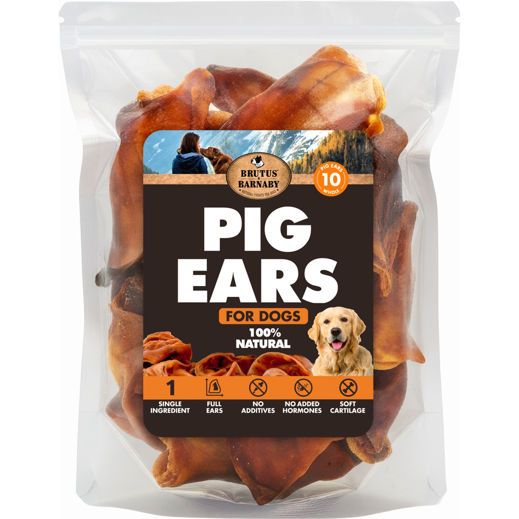 Brutus & Barnaby Thick Cut Whole Pig Ear Natural Dog Chew Treats, 10 count
