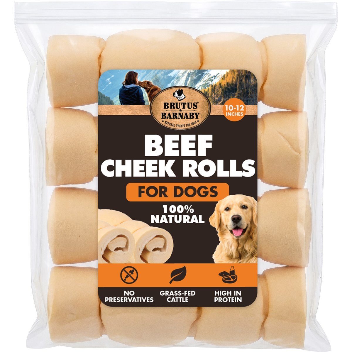 Brutus & Barnaby Rawhide-Free Beef Cheek Rolls Long Lasting Dog Chews, 10 to 12-inch, 4 count