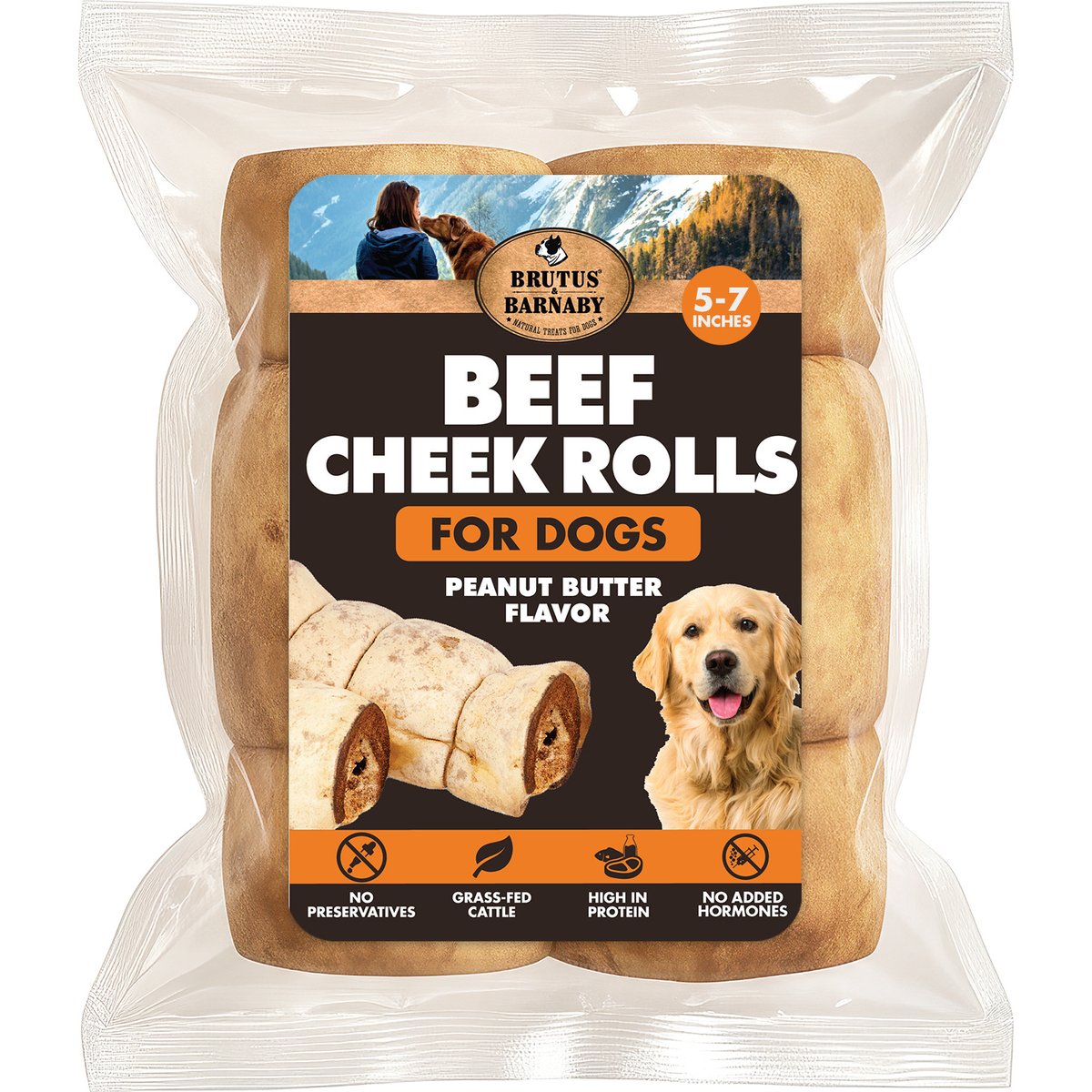 Brutus & Barnaby Rawhide-Free Peanut Butter Flavored Beef Cheek Rolls Long Lasting Dog Chews, 5 to 7-inch, 2 count
