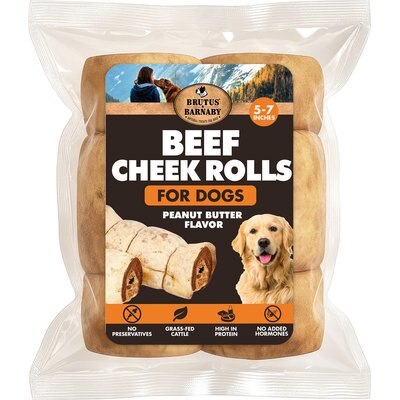 Brutus & Barnaby Brutus & Barnaby Rawhide-Free Peanut Butter Flavored Beef Cheek Rolls Long Lasting Dog Chews, 5 to 7-inch, 2 count