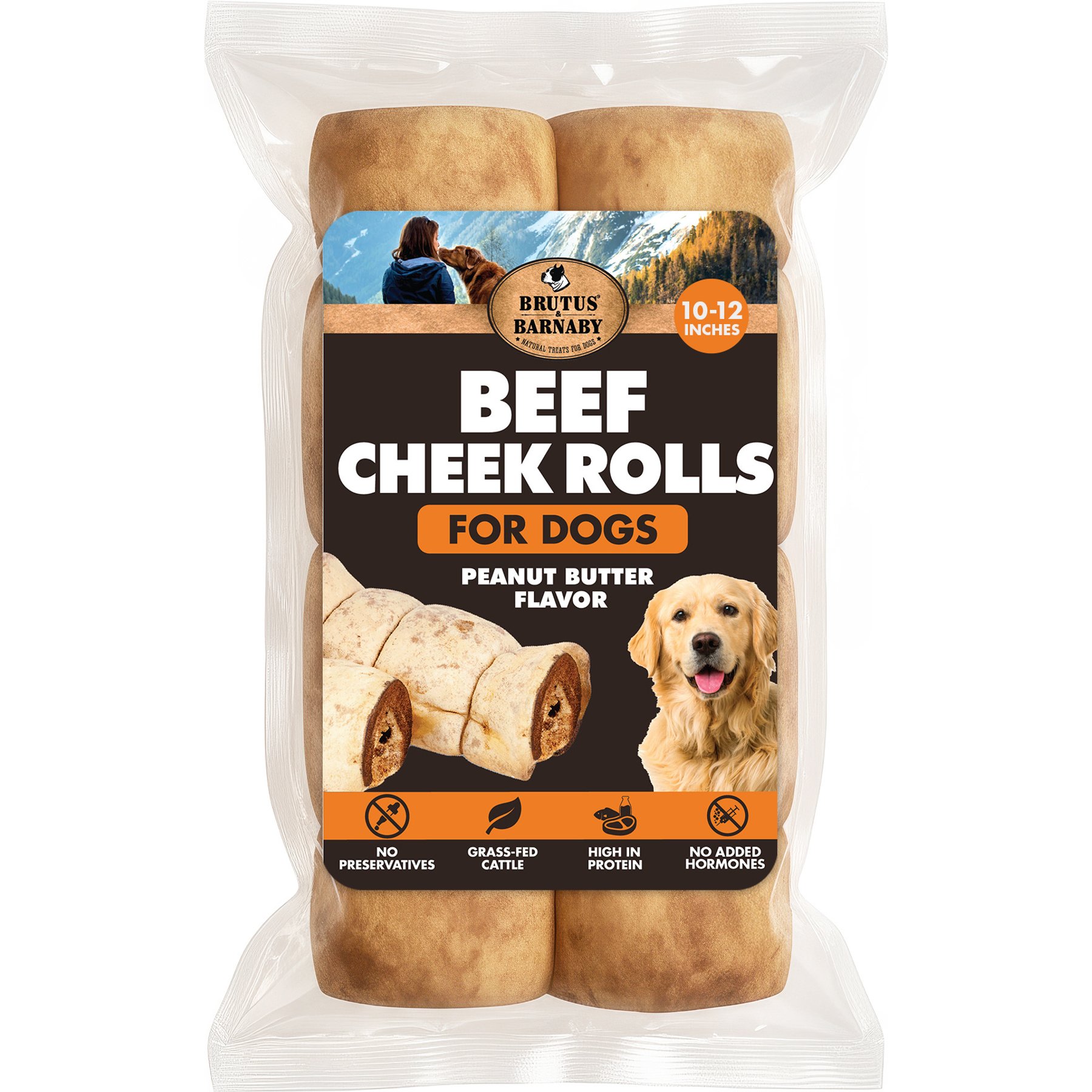 Brutus & Barnaby Rawhide-Free Peanut Butter Flavored Beef Cheek Rolls Long Lasting Dog Chews, 10 to 12-inch, 2 count