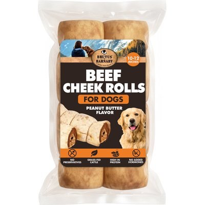 Brutus & Barnaby Brutus & Barnaby Rawhide-Free Peanut Butter Flavored Beef Cheek Rolls Long Lasting Dog Chews, 10 to 12-inch, 2 count