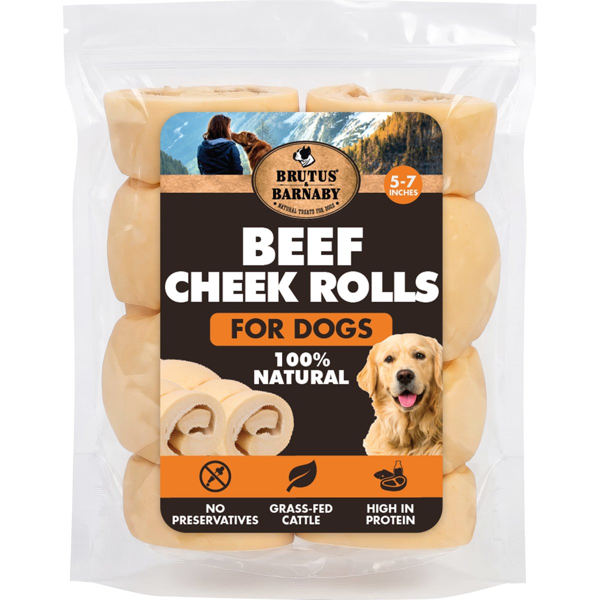 Brutus & Barnaby Rawhide-Free Beef Cheek Rolls Long Lasting Dog Chews, 5 to 7-inch, 2 count