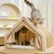 Show in main carousel: FURDEAR 2-in-1 Detachable Wooden Frame Shelter Cozy Furniture Novelty Bolster Cat Tent Bed with Scratching Board, Beige, 19.7 x 15.8 x 15.8-in slide 6 of 7