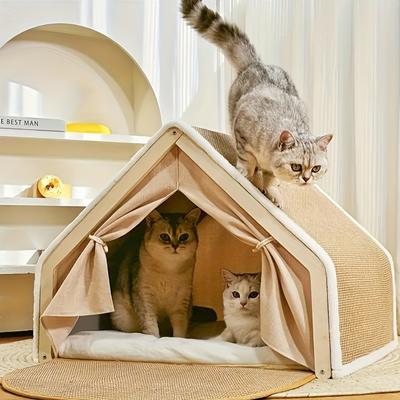 Show full view: FURDEAR 2-in-1 Detachable Wooden Frame Shelter Cozy Furniture Novelty Bolster Cat Tent Bed with Scratching Board, Beige, 19.7 x 15.8 x 15.8-in slide 6 of 7