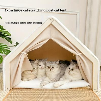 Show full view: FURDEAR 2-in-1 Detachable Wooden Frame Shelter Cozy Furniture Novelty Bolster Cat Tent Bed with Scratching Board, Beige, 19.7 x 15.8 x 15.8-in slide 3 of 7