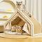 Show in main carousel: FURDEAR 2-in-1 Detachable Wooden Frame Shelter Cozy Furniture Novelty Bolster Cat Tent Bed with Scratching Board, Beige, 19.7 x 15.8 x 15.8-in slide 1 of 7