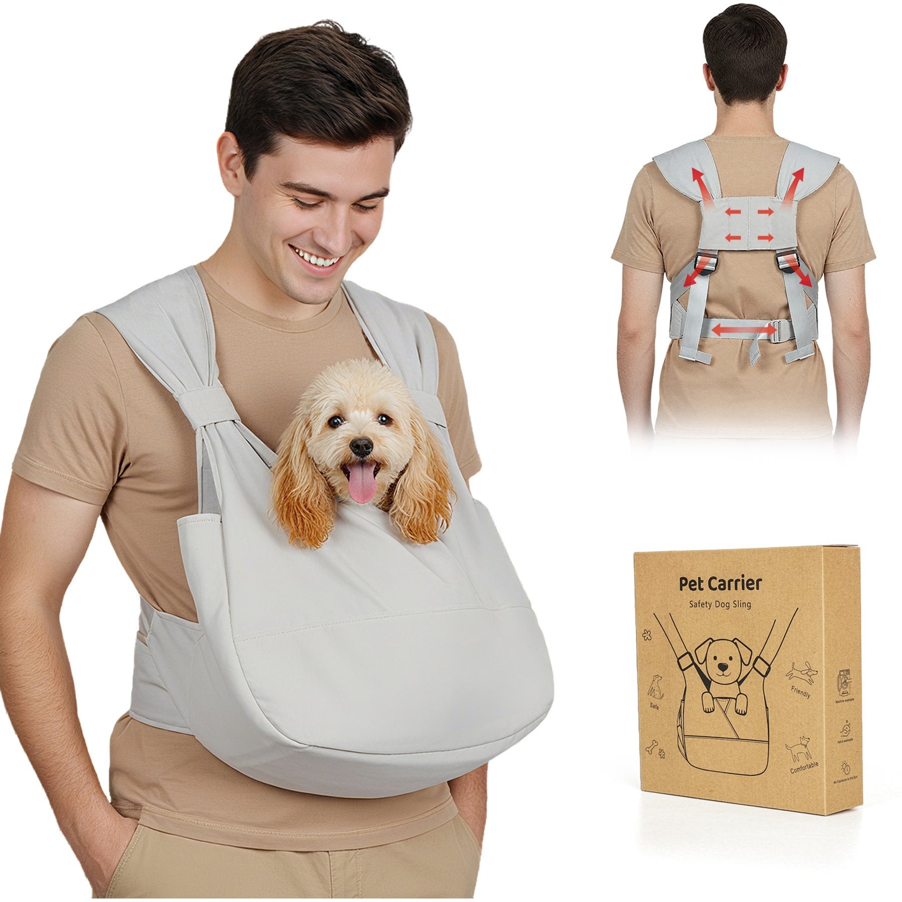 Supet Adjustable Seat Belt Loop Sling Dog Carrier, Grey, Small
