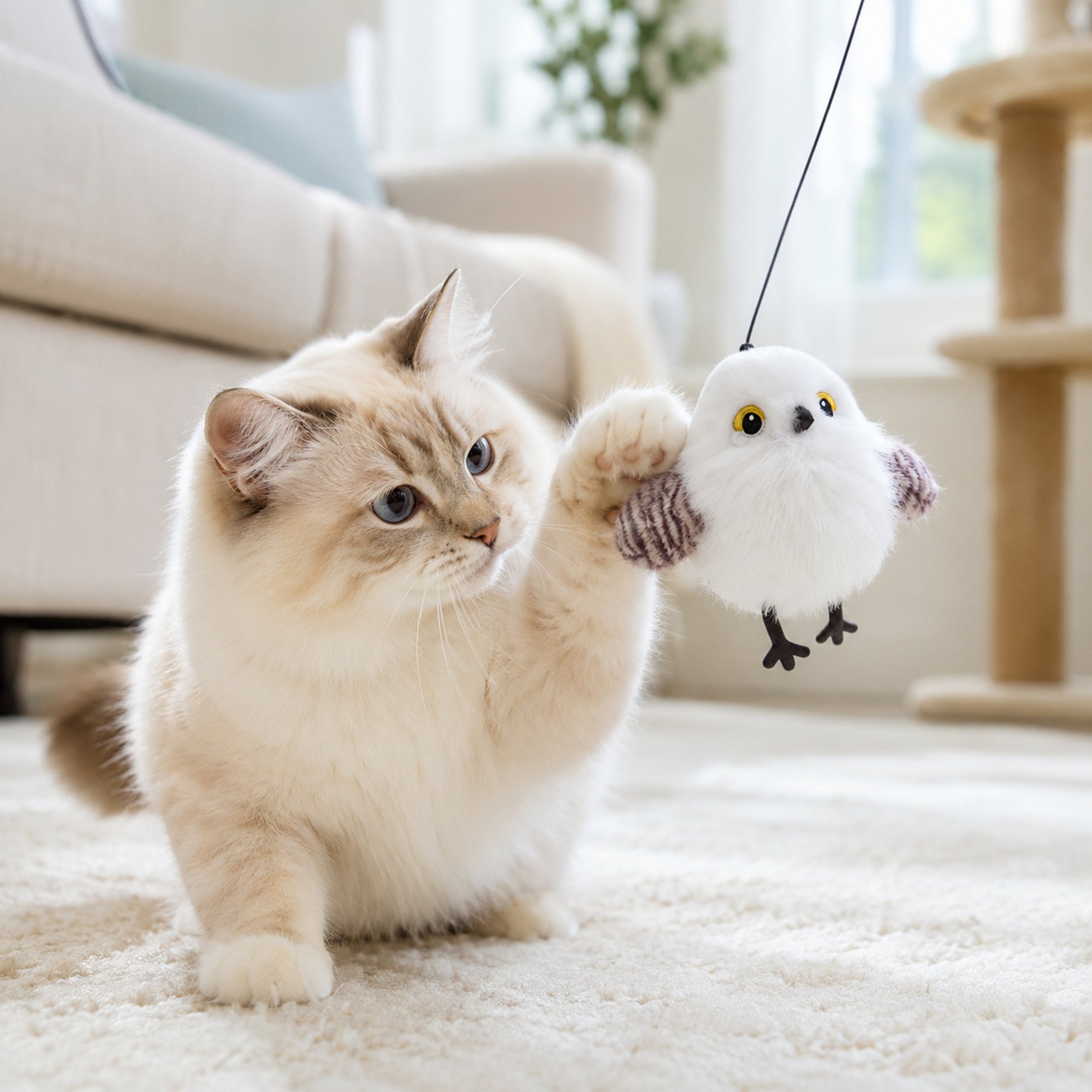 NonoPets Interactive Chirping Bird Motion Activated Flapping Wing Realistic Sound & USB Rechargeable Electronic Teaser Cat Plush Toy, White