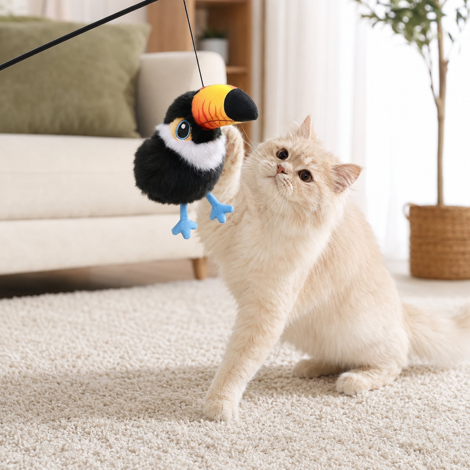 NonoPets Interactive Chirping Bird Motion Activated Flapping Wing Realistic Sound & USB Rechargeable Electronic Teaser Cat Plush Toy, Black