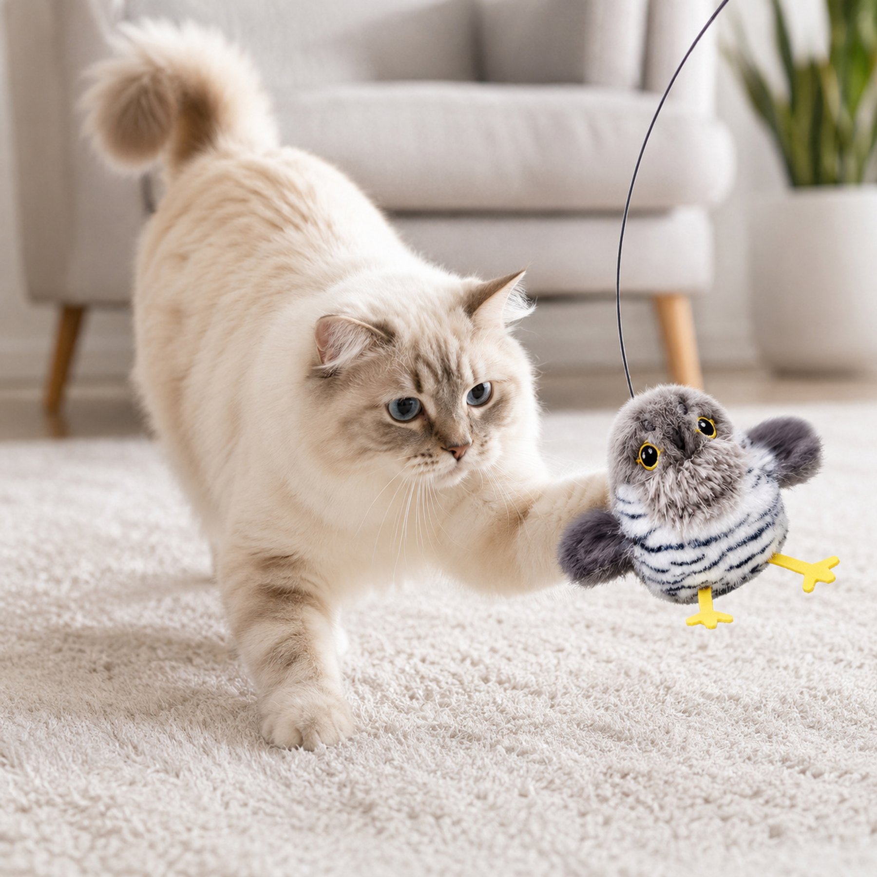 NonoPets Interactive Chirping Bird Motion Activated Flapping Wing Realistic Sound & USB Rechargeable Electronic Teaser Cat Plush Toy, Grey