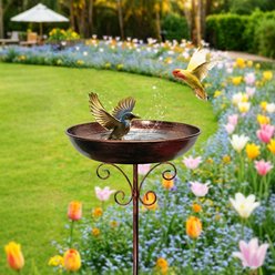 MIXXIDEA Vintage Freestanding Metal Outside Garden Patio Yard Lawn Décor Bird Bath with Feeder Bowl, Brown, 9.37 x 9.37 x 30-in