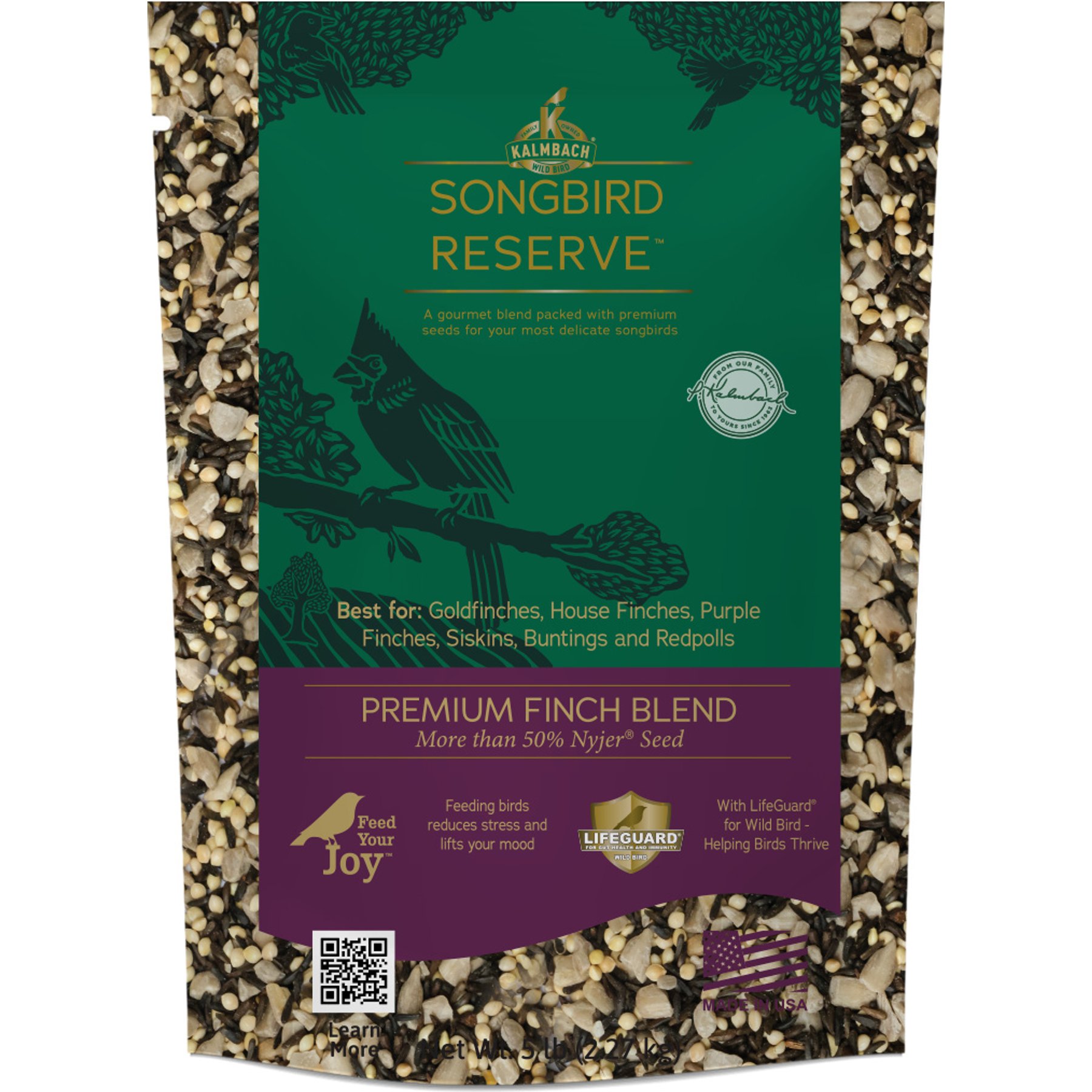 Kalmbach Feeds Songbird Reserve Premium Finch Seed Blend Wild Bird Food, Green/Purple, 5-lb bag