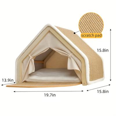 Show full view: FURDEAR 2-in-1 Detachable Wooden Frame Shelter Cozy Furniture Novelty Bolster Cat Tent Bed with Scratching Board, Beige, 19.7 x 15.8 x 15.8-in slide 4 of 7