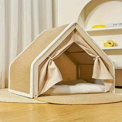 Show full view: FURDEAR 2-in-1 Detachable Wooden Frame Shelter Cozy Furniture Novelty Bolster Cat Tent Bed with Scratching Board, Beige, 19.7 x 15.8 x 15.8-in slide 2 of 7