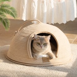 CheerPals All-Season Covered Cat Cave Bed with Toy Ball, Brown, Large