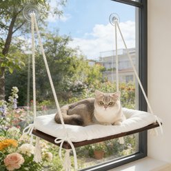 CheerPals Solid Wood Window Perch Elevated Cat Hammock Bed, Brown, Large